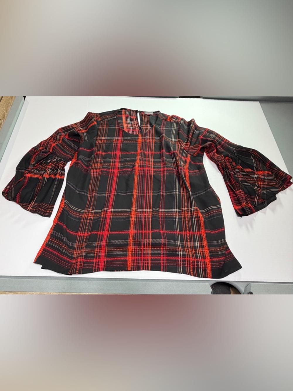 Red Black Plaid Bell Sleeve Blouse Boho Peasant Top Lightweight Flowy